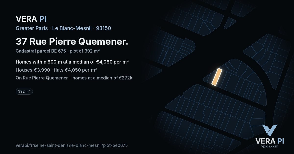 37 Rue Pierre Quemener, Le Blanc-Mesnil at night – the plot lit, the parcels around coloured by the prices near them