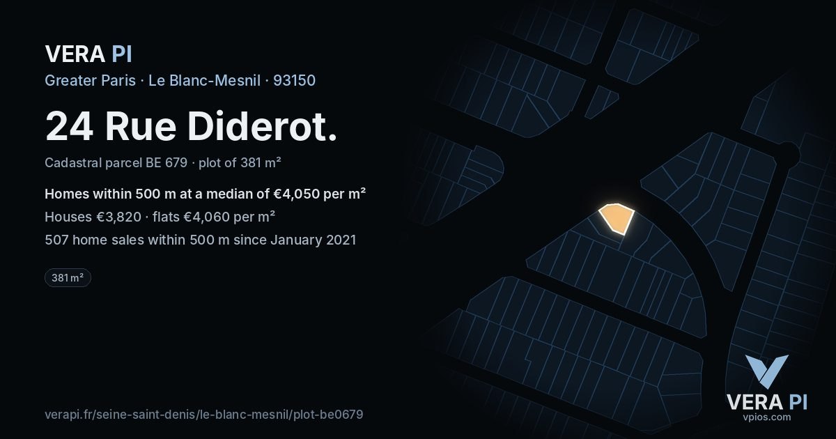 24 Rue Diderot, Le Blanc-Mesnil at night – the plot lit, the parcels around coloured by the prices near them