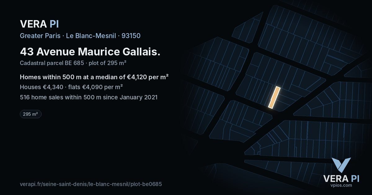 43 Avenue Maurice Gallais, Le Blanc-Mesnil at night – the plot lit, the parcels around coloured by the prices near them