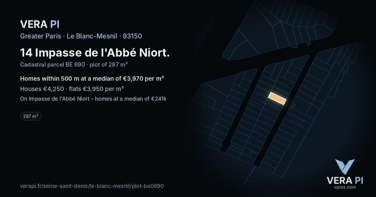 14 Impasse de l'Abbé Niort, Le Blanc-Mesnil at night – the plot lit, the parcels around coloured by the prices near them