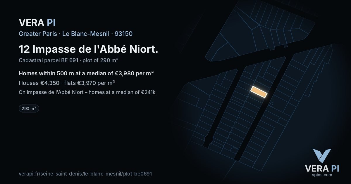 12 Impasse de l'Abbé Niort, Le Blanc-Mesnil at night – the plot lit, the parcels around coloured by the prices near them