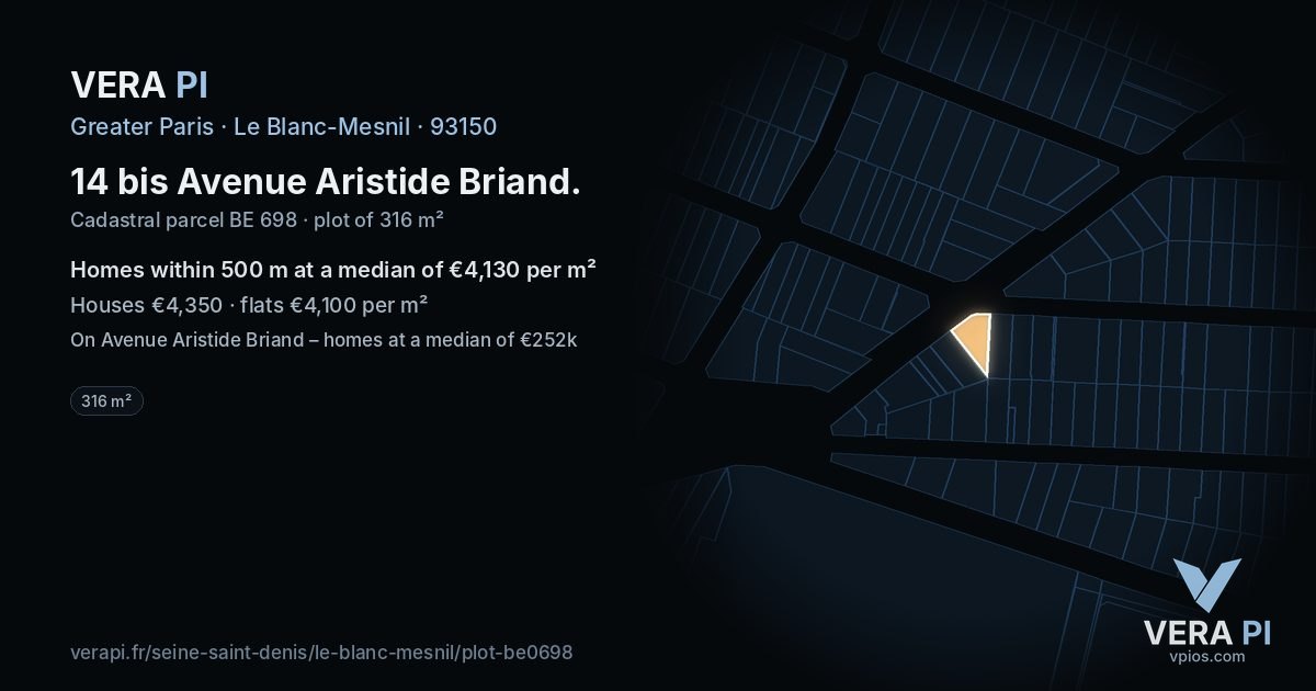 14 bis Avenue Aristide Briand, Le Blanc-Mesnil at night – the plot lit, the parcels around coloured by the prices near them
