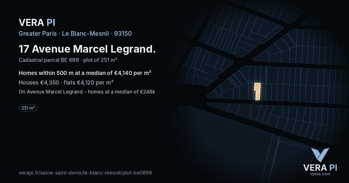 17 Avenue Marcel Legrand, Le Blanc-Mesnil at night – the plot lit, the parcels around coloured by the prices near them