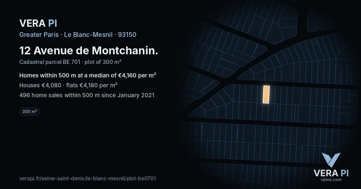 12 Avenue de Montchanin, Le Blanc-Mesnil at night – the plot lit, the parcels around coloured by the prices near them