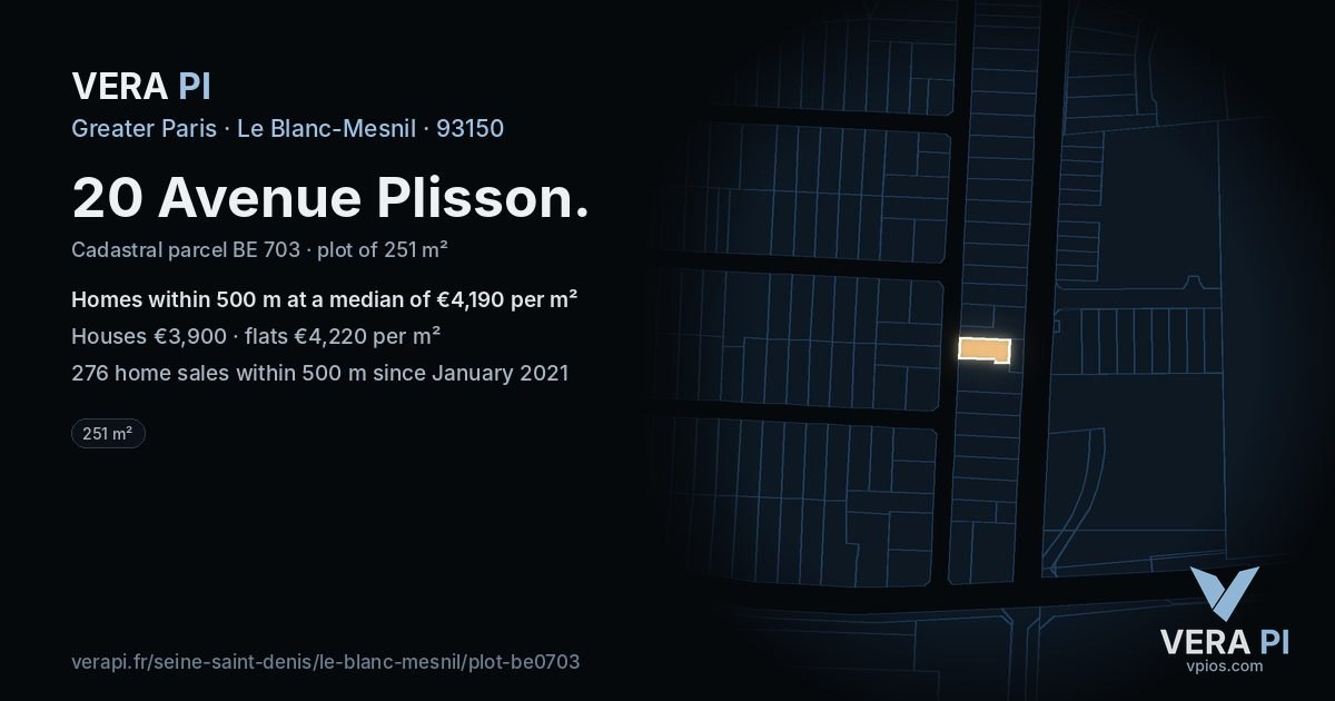 20 Avenue Plisson, Le Blanc-Mesnil at night – the plot lit, the parcels around coloured by the prices near them