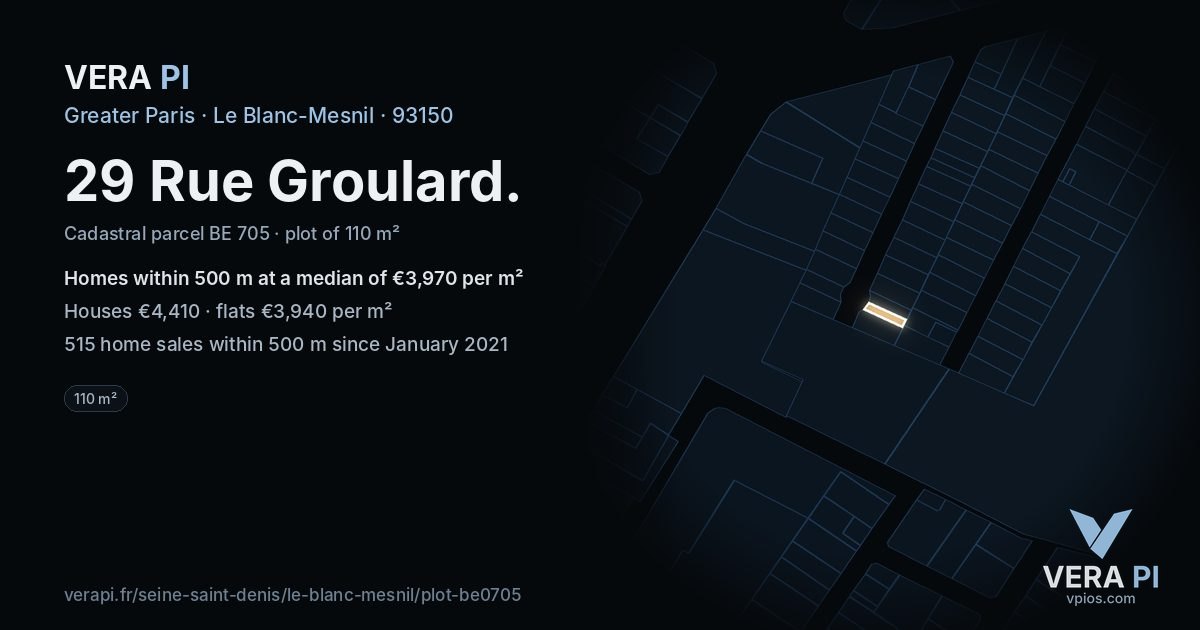 29 Rue Groulard, Le Blanc-Mesnil at night – the plot lit, the parcels around coloured by the prices near them