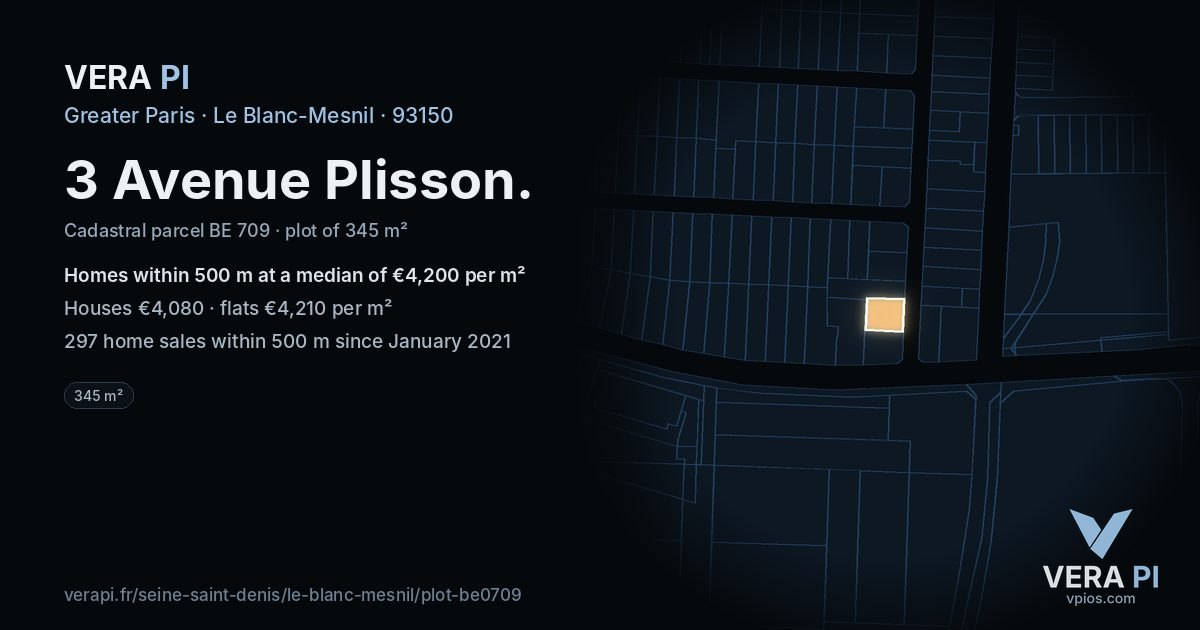 3 Avenue Plisson, Le Blanc-Mesnil at night – the plot lit, the parcels around coloured by the prices near them