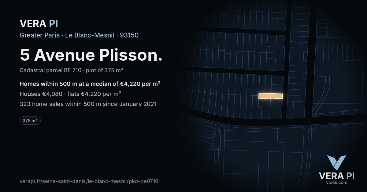 5 Avenue Plisson, Le Blanc-Mesnil at night – the plot lit, the parcels around coloured by the prices near them