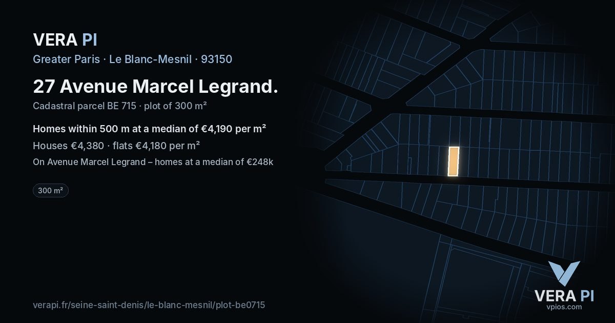 27 Avenue Marcel Legrand, Le Blanc-Mesnil at night – the plot lit, the parcels around coloured by the prices near them