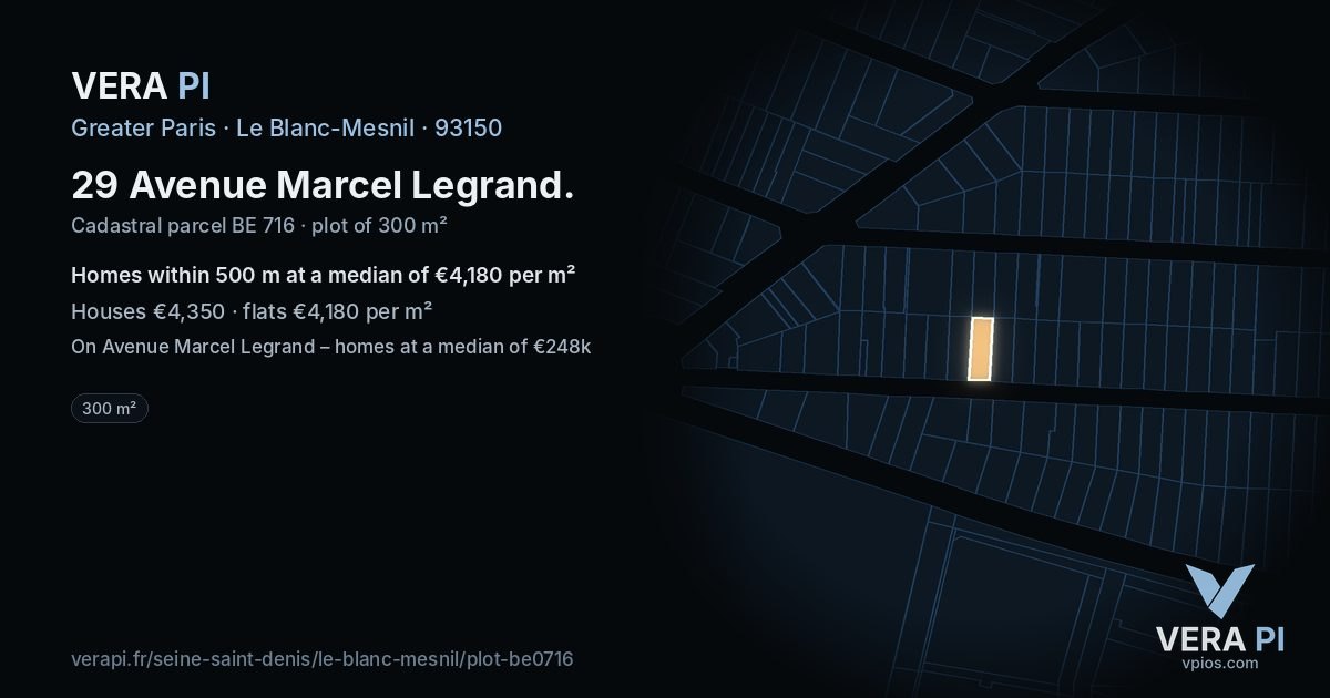 29 Avenue Marcel Legrand, Le Blanc-Mesnil at night – the plot lit, the parcels around coloured by the prices near them
