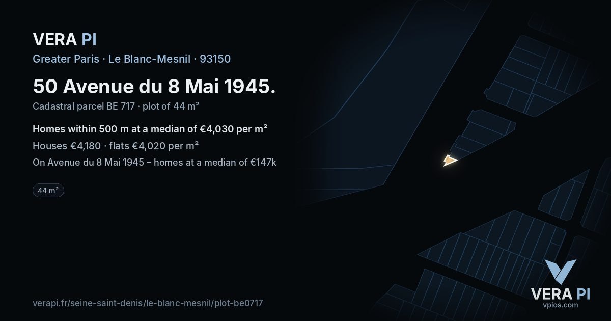50 Avenue du 8 Mai 1945, Le Blanc-Mesnil at night – the plot lit, the parcels around coloured by the prices near them