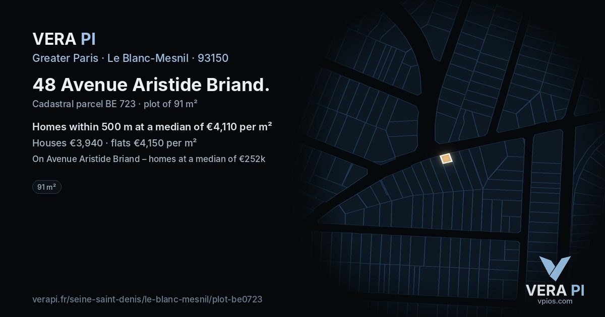 48 Avenue Aristide Briand, Le Blanc-Mesnil at night – the plot lit, the parcels around coloured by the prices near them