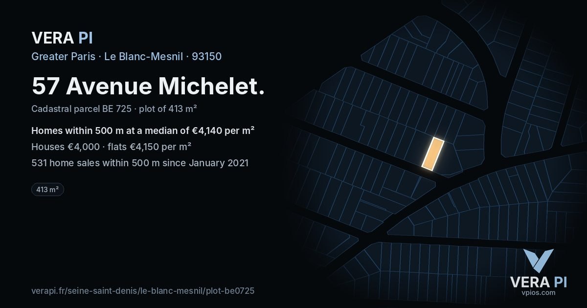 57 Avenue Michelet, Le Blanc-Mesnil at night – the plot lit, the parcels around coloured by the prices near them