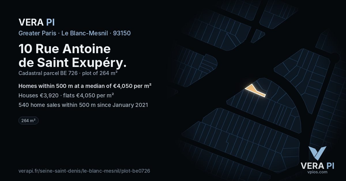 10 Rue Antoine de Saint Exupéry, Le Blanc-Mesnil at night – the plot lit, the parcels around coloured by the prices near them