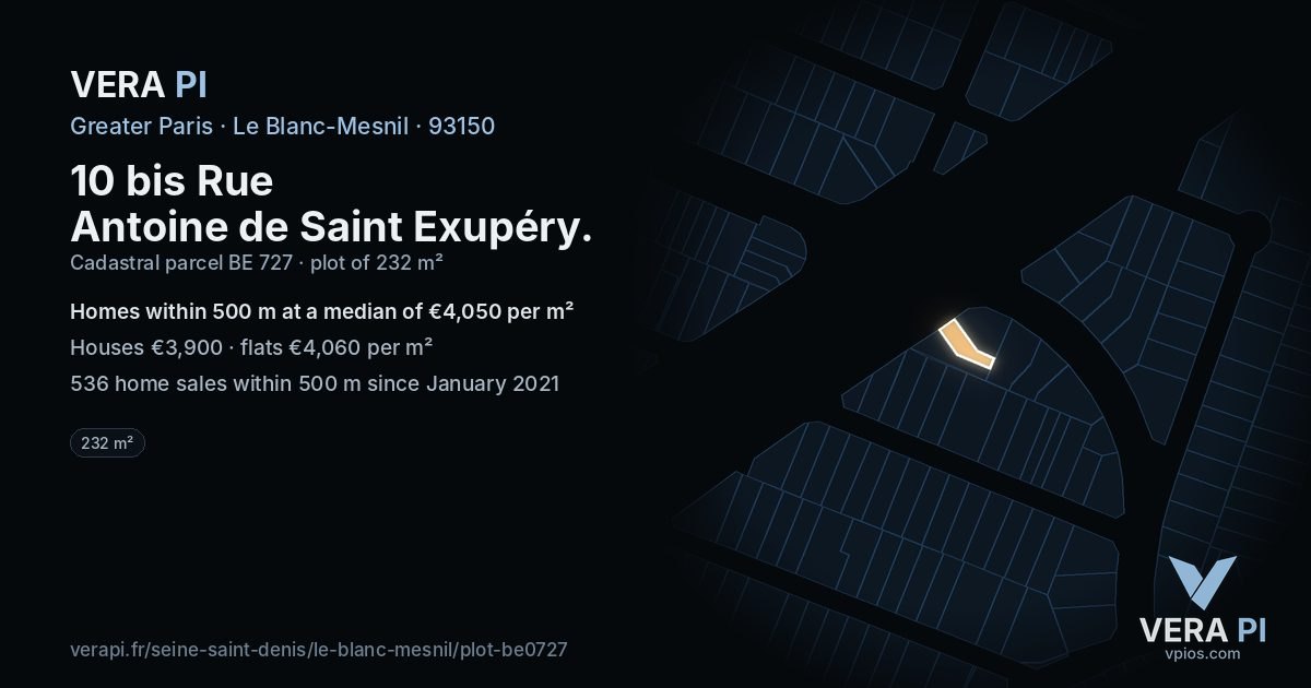 10 bis Rue Antoine de Saint Exupéry, Le Blanc-Mesnil at night – the plot lit, the parcels around coloured by the prices near them