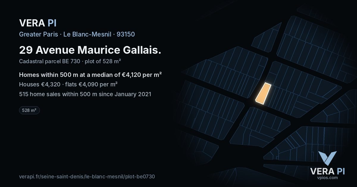 29 Avenue Maurice Gallais, Le Blanc-Mesnil at night – the plot lit, the parcels around coloured by the prices near them