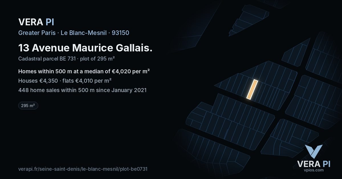13 Avenue Maurice Gallais, Le Blanc-Mesnil at night – the plot lit, the parcels around coloured by the prices near them