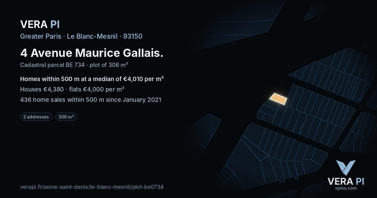 4 Avenue Maurice Gallais, Le Blanc-Mesnil at night – the plot lit, the parcels around coloured by the prices near them