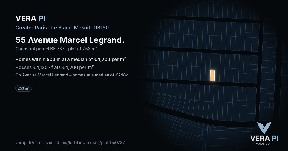 55 Avenue Marcel Legrand, Le Blanc-Mesnil at night – the plot lit, the parcels around coloured by the prices near them