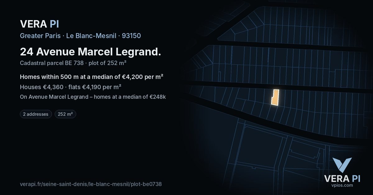 24 Avenue Marcel Legrand, Le Blanc-Mesnil at night – the plot lit, the parcels around coloured by the prices near them
