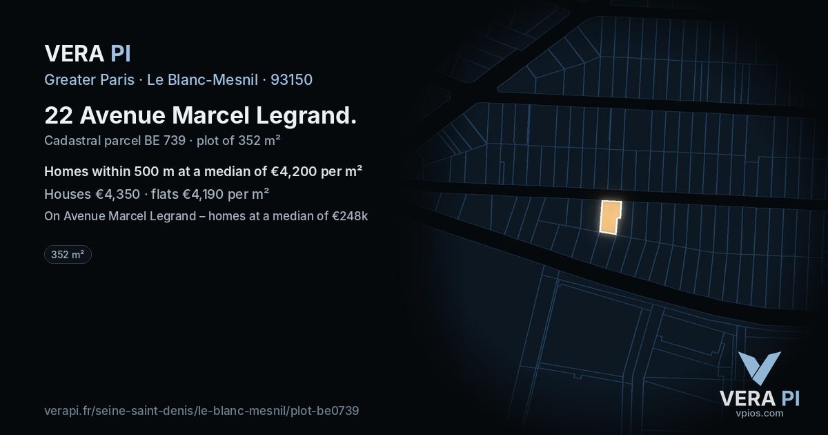 22 Avenue Marcel Legrand, Le Blanc-Mesnil at night – the plot lit, the parcels around coloured by the prices near them