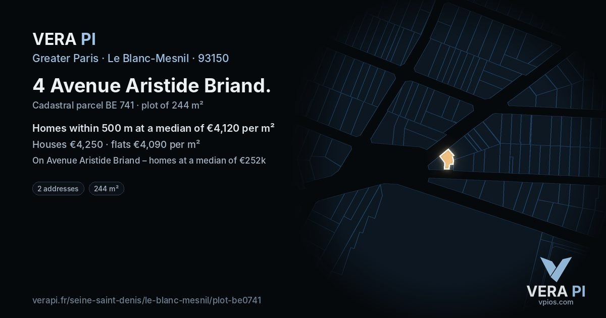 4 Avenue Aristide Briand, Le Blanc-Mesnil at night – the plot lit, the parcels around coloured by the prices near them