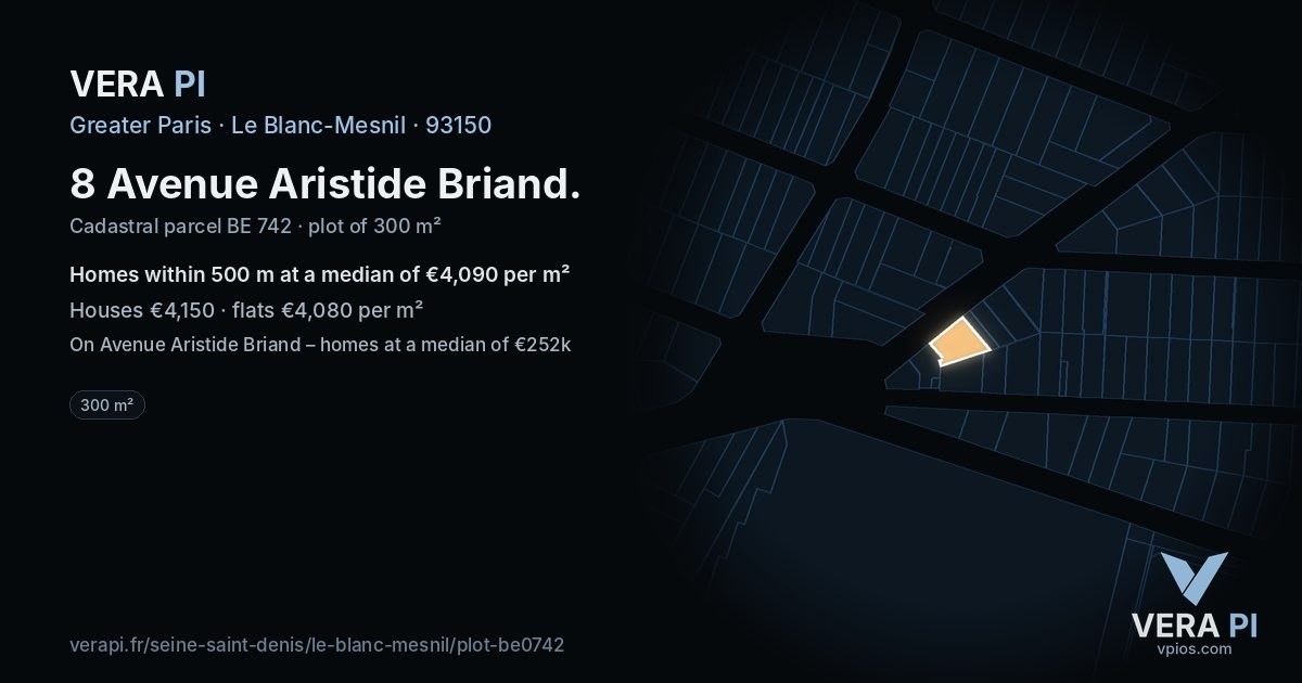 8 Avenue Aristide Briand, Le Blanc-Mesnil at night – the plot lit, the parcels around coloured by the prices near them