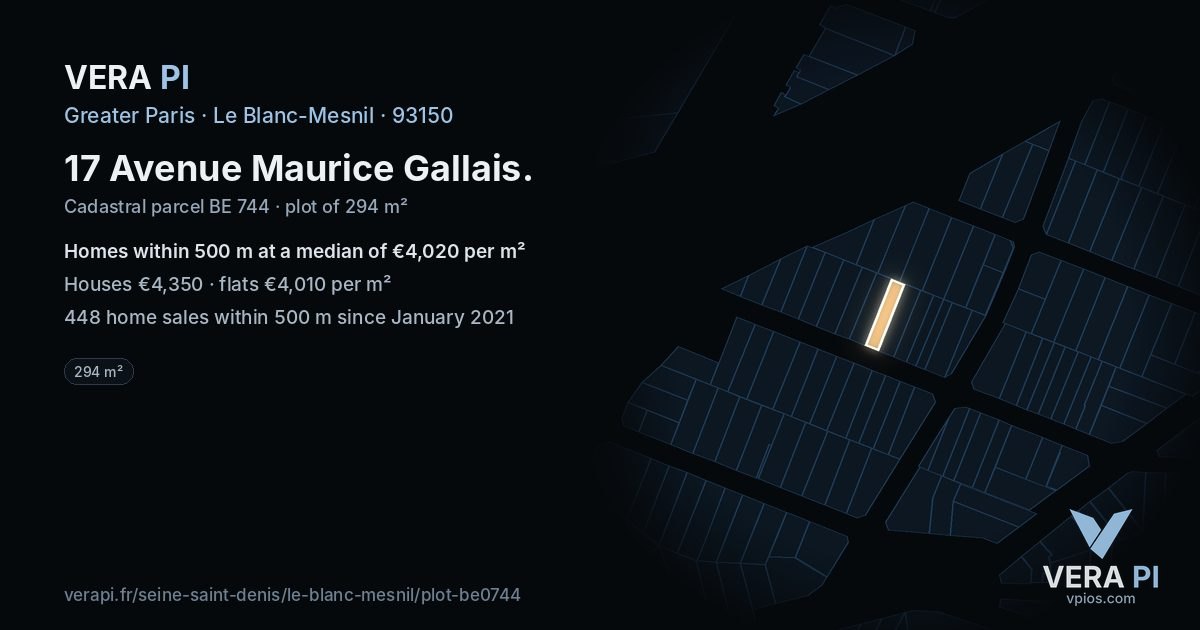 17 Avenue Maurice Gallais, Le Blanc-Mesnil at night – the plot lit, the parcels around coloured by the prices near them