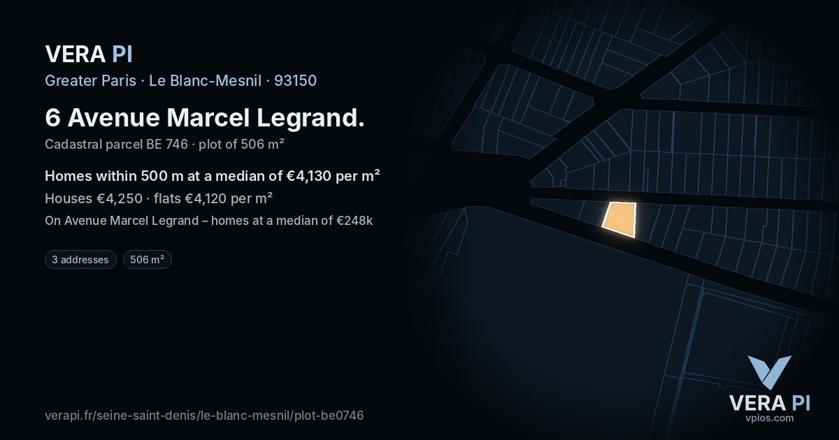 6 Avenue Marcel Legrand, Le Blanc-Mesnil at night – the plot lit, the parcels around coloured by the prices near them