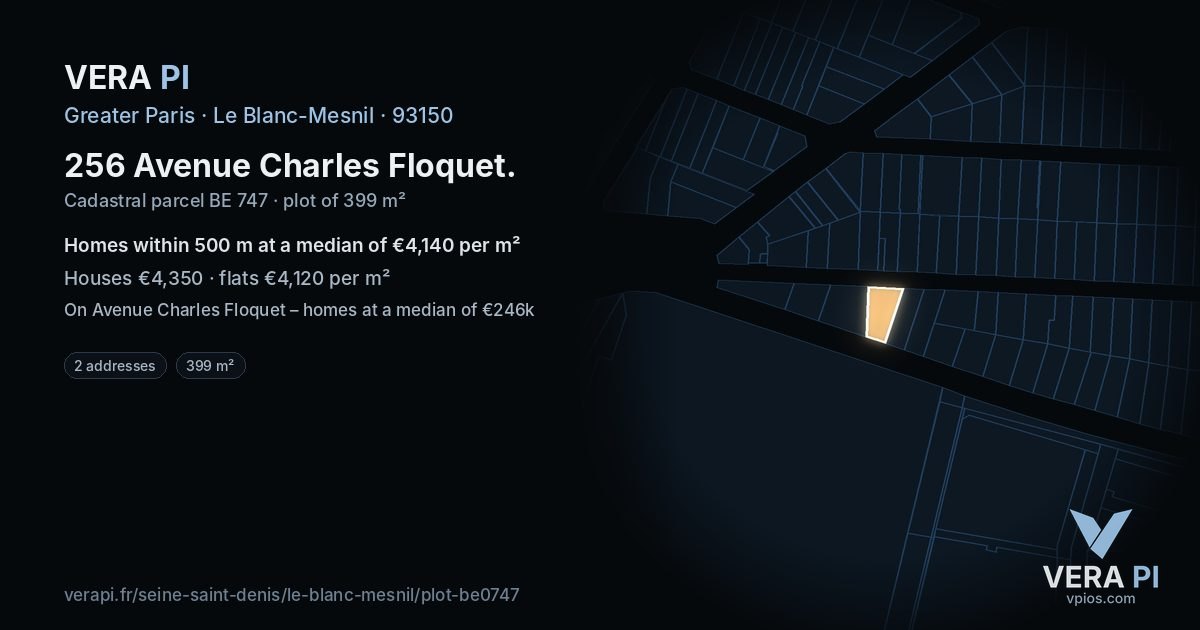256 Avenue Charles Floquet, Le Blanc-Mesnil at night – the plot lit, the parcels around coloured by the prices near them