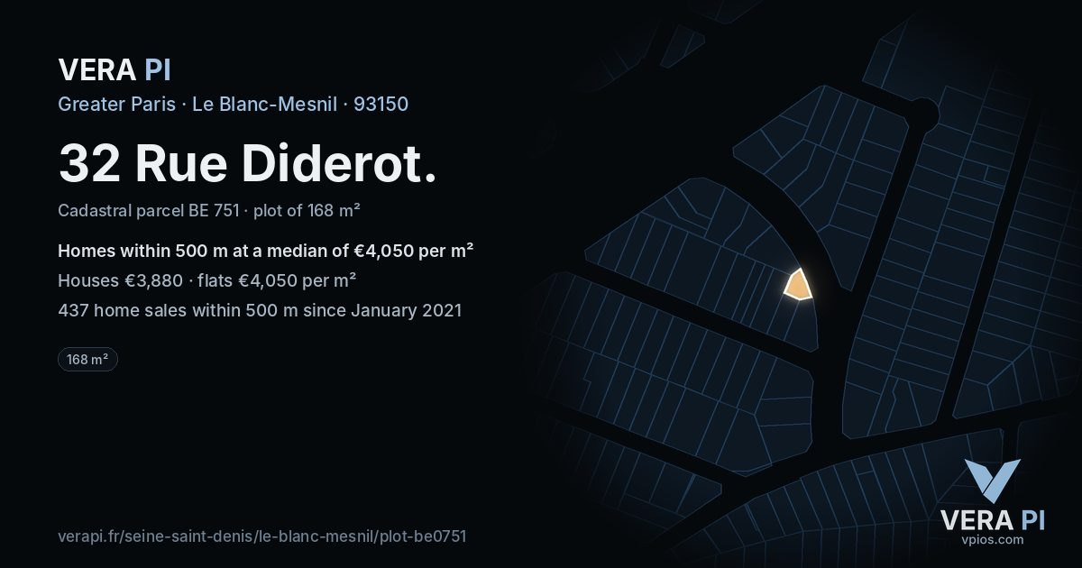 32 Rue Diderot, Le Blanc-Mesnil at night – the plot lit, the parcels around coloured by the prices near them