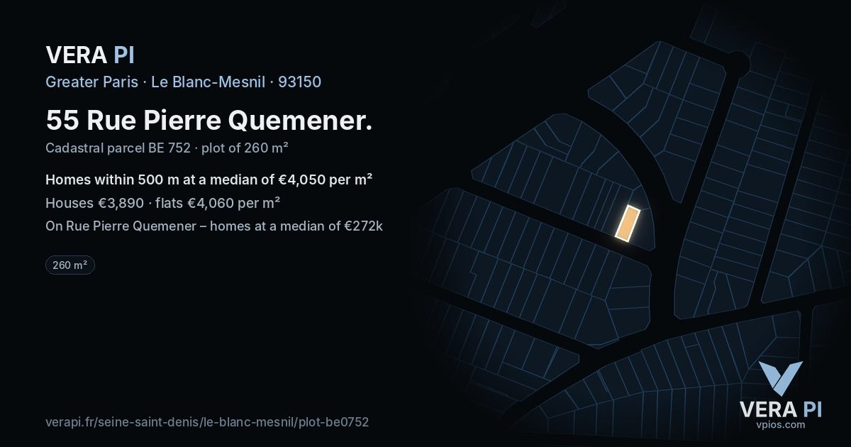 55 Rue Pierre Quemener, Le Blanc-Mesnil at night – the plot lit, the parcels around coloured by the prices near them