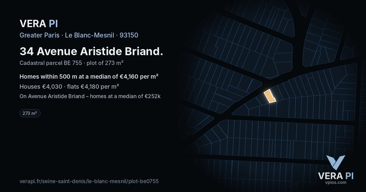 34 Avenue Aristide Briand, Le Blanc-Mesnil at night – the plot lit, the parcels around coloured by the prices near them