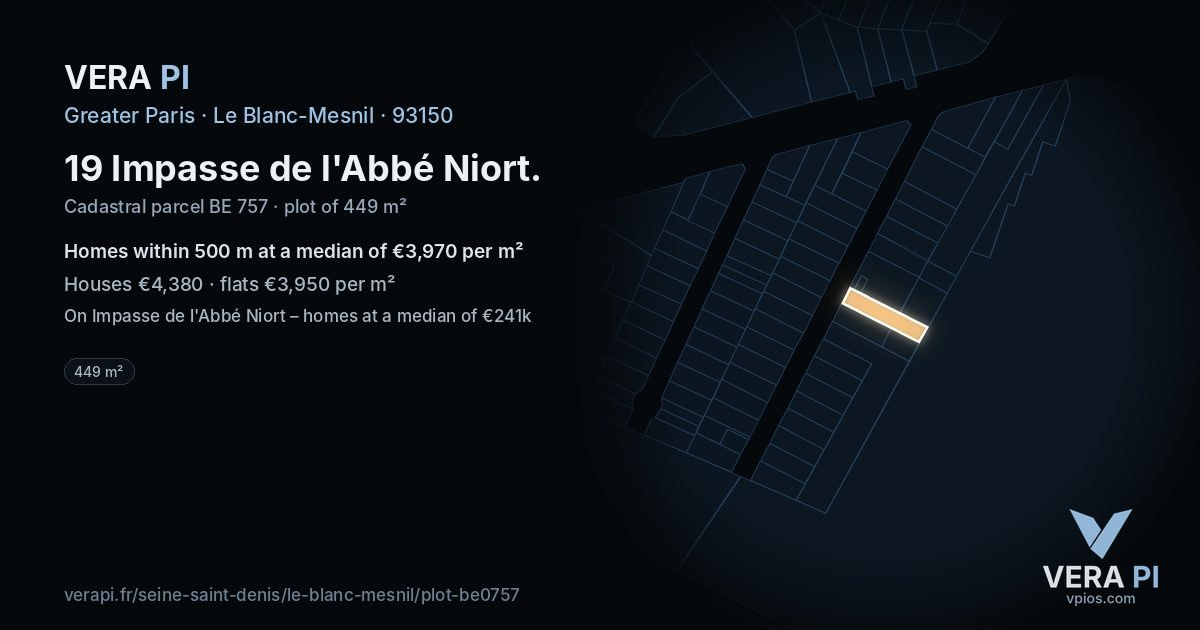 19 Impasse de l'Abbé Niort, Le Blanc-Mesnil at night – the plot lit, the parcels around coloured by the prices near them