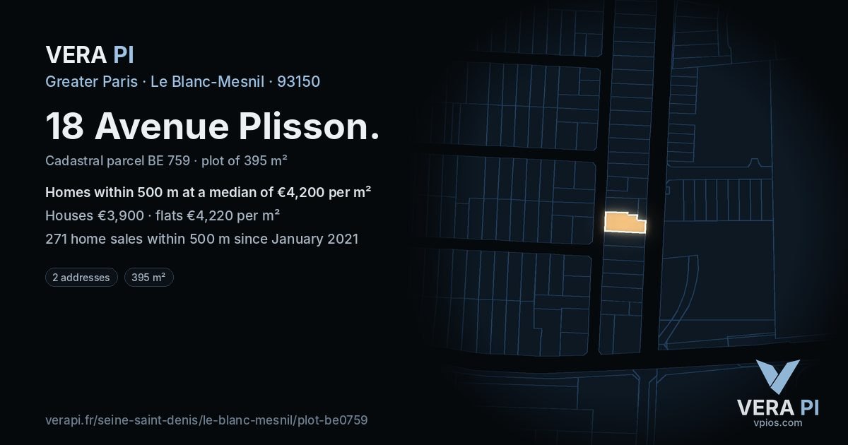 18 Avenue Plisson, Le Blanc-Mesnil at night – the plot lit, the parcels around coloured by the prices near them
