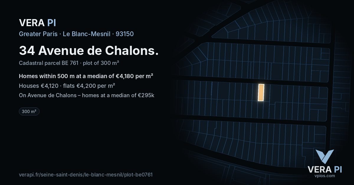 34 Avenue de Chalons, Le Blanc-Mesnil at night – the plot lit, the parcels around coloured by the prices near them