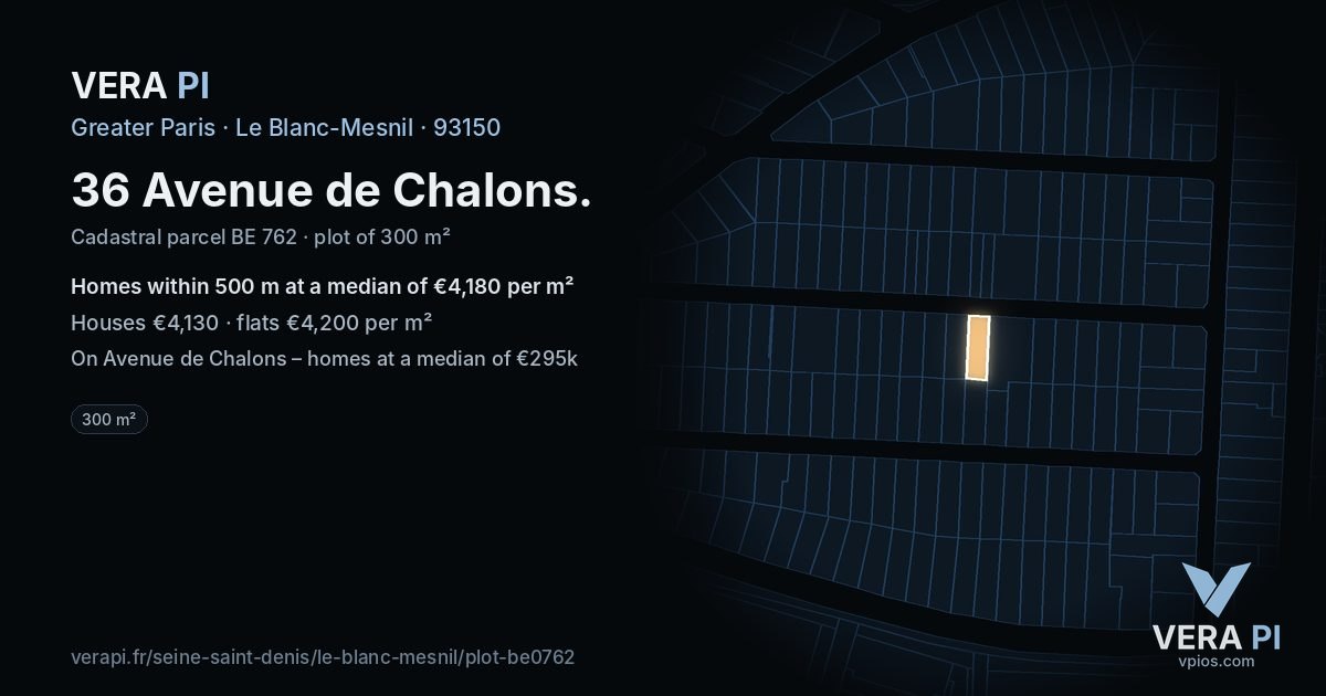 36 Avenue de Chalons, Le Blanc-Mesnil at night – the plot lit, the parcels around coloured by the prices near them