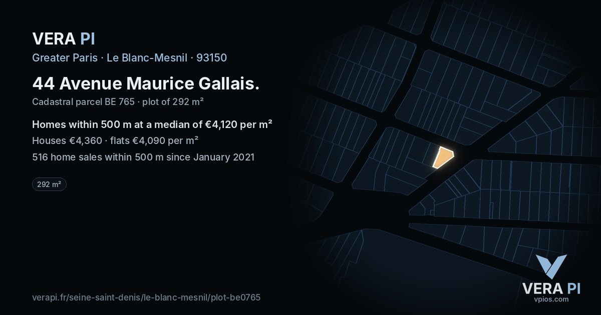 44 Avenue Maurice Gallais, Le Blanc-Mesnil at night – the plot lit, the parcels around coloured by the prices near them