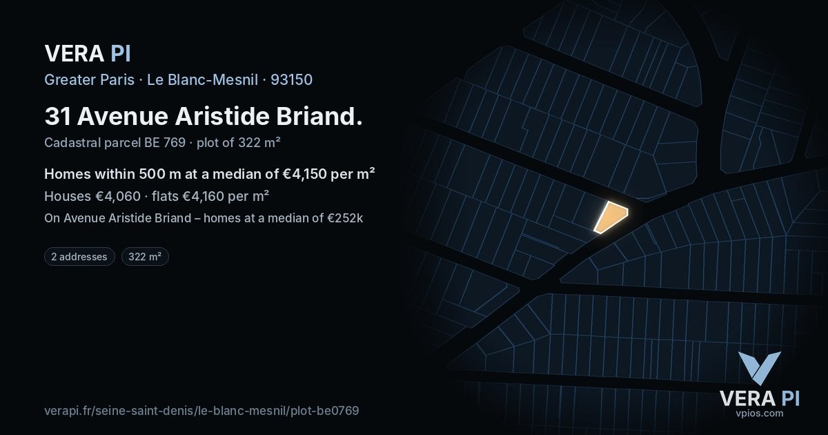 31 Avenue Aristide Briand, Le Blanc-Mesnil at night – the plot lit, the parcels around coloured by the prices near them