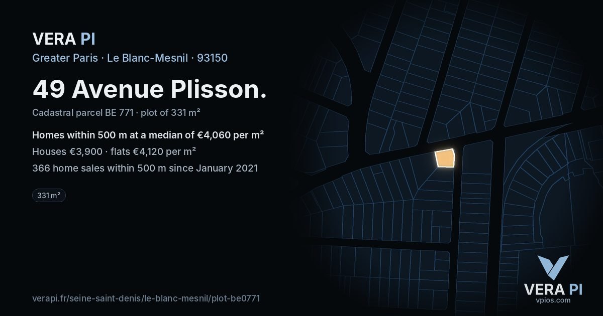 49 Avenue Plisson, Le Blanc-Mesnil at night – the plot lit, the parcels around coloured by the prices near them