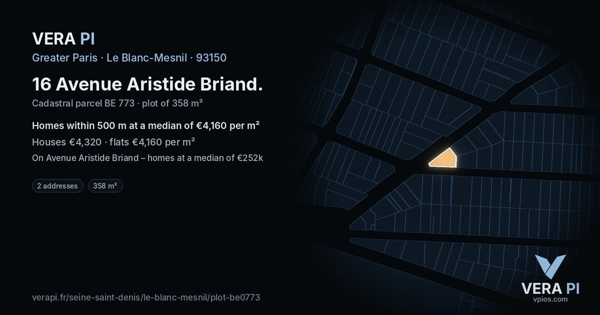 16 Avenue Aristide Briand, Le Blanc-Mesnil at night – the plot lit, the parcels around coloured by the prices near them