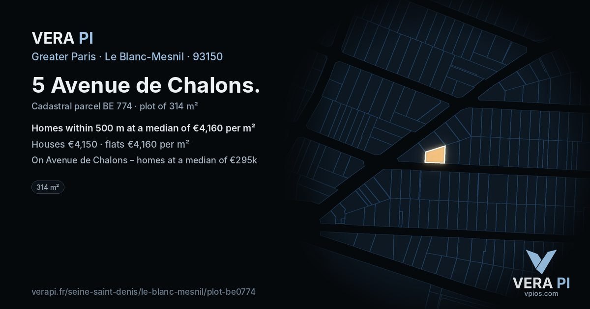 5 Avenue de Chalons, Le Blanc-Mesnil at night – the plot lit, the parcels around coloured by the prices near them
