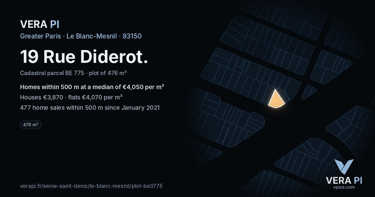 19 Rue Diderot, Le Blanc-Mesnil at night – the plot lit, the parcels around coloured by the prices near them