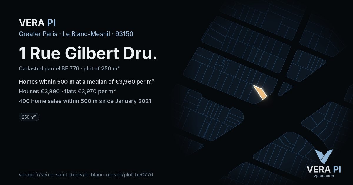 1 Rue Gilbert Dru, Le Blanc-Mesnil at night – the plot lit, the parcels around coloured by the prices near them