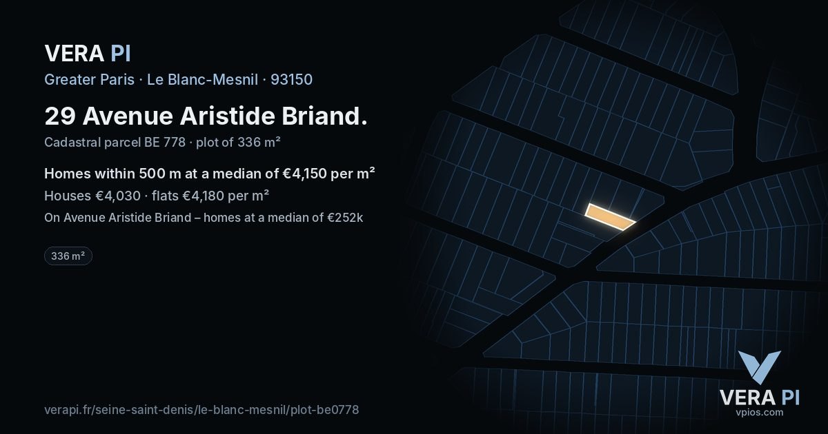 29 Avenue Aristide Briand, Le Blanc-Mesnil at night – the plot lit, the parcels around coloured by the prices near them