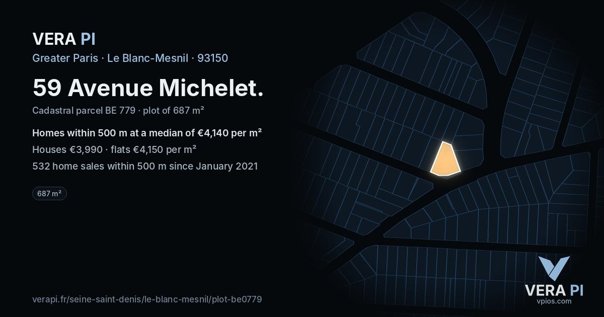 59 Avenue Michelet, Le Blanc-Mesnil at night – the plot lit, the parcels around coloured by the prices near them