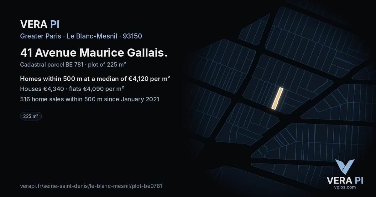 41 Avenue Maurice Gallais, Le Blanc-Mesnil at night – the plot lit, the parcels around coloured by the prices near them