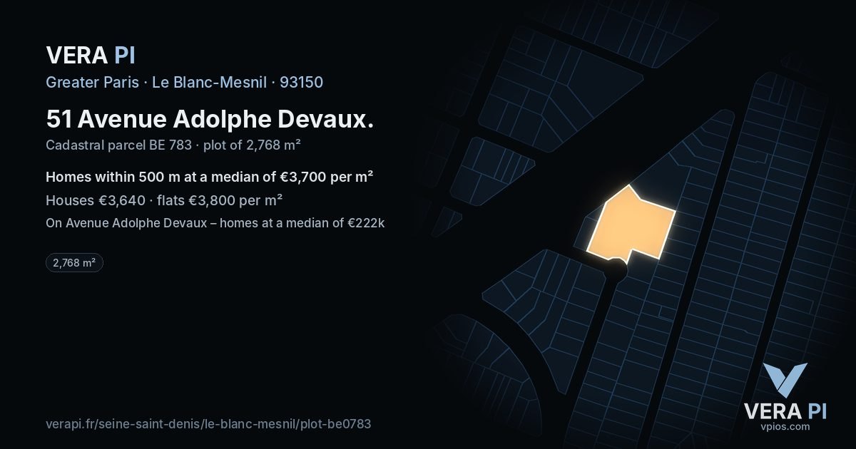 51 Avenue Adolphe Devaux, Le Blanc-Mesnil at night – the plot lit, the parcels around coloured by the prices near them