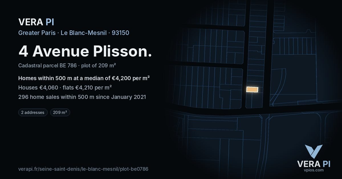 4 Avenue Plisson, Le Blanc-Mesnil at night – the plot lit, the parcels around coloured by the prices near them