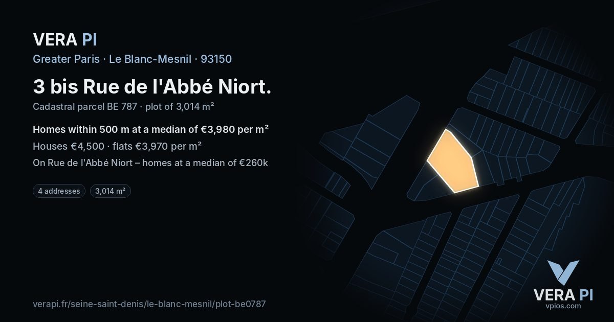 3 bis Rue de l'Abbé Niort, Le Blanc-Mesnil at night – the plot lit, the parcels around coloured by the prices near them